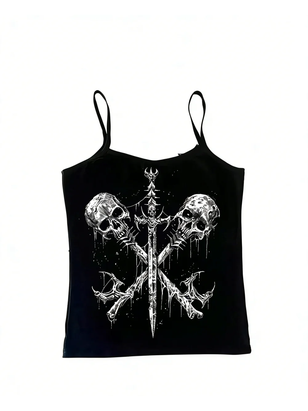 2026 New Y2K Dark Heavy Metal Skull Sword Printed Strap Gothic Style Spicy Girl Black Slim Short Top Street Fashion Niche ins