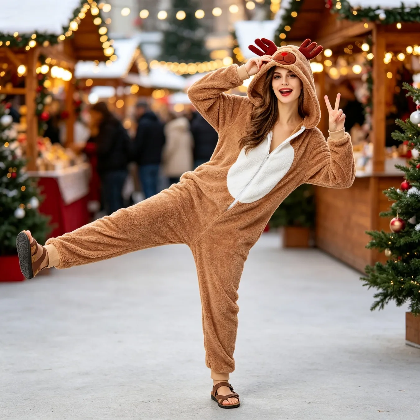 ホリデーブラウンのトナカイエルフのコスチューム、クリスマス、新年、カーニバルパーティー、ステージショー用のホームパジャマ、コスプレジャンプスーツ。