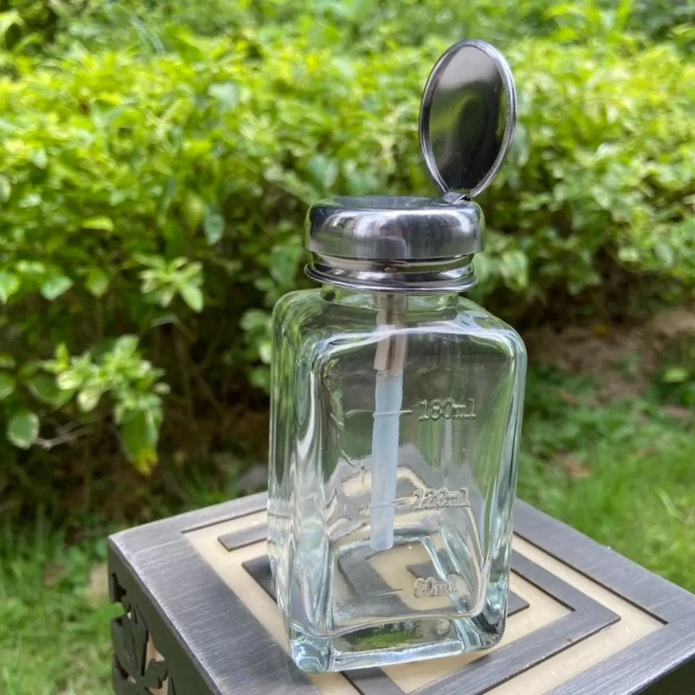 180ml/120ml Push Down Pump Dispenser Glass Square Liquid Pump Dispenser Bottle Anticorrosion Thicken Nail Polish Remover Bottle