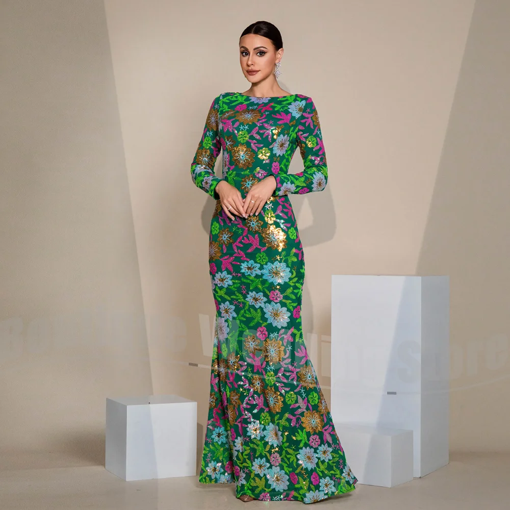 

Chic Evening Dresses Sequined Flowers Mermaid Party Gowns O-Neck Shiny Fashion Long Sleeves Floor Length Women Prom Dresses