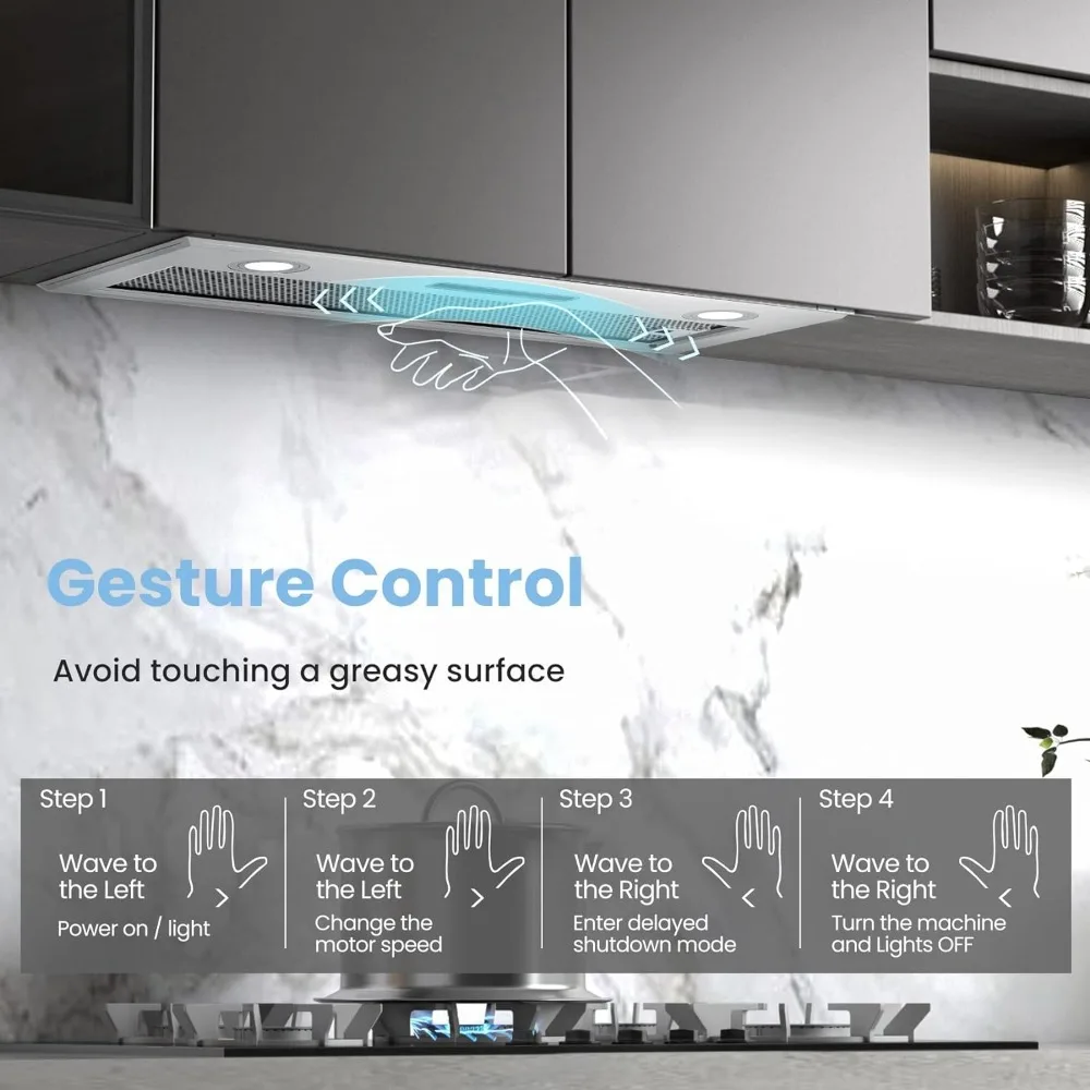 Aço inoxidável Fogão de Cozinha, Built-in ou Insert Vent, 450 CFM, 3 Speed Gesture Sensing e Touch Control Panel