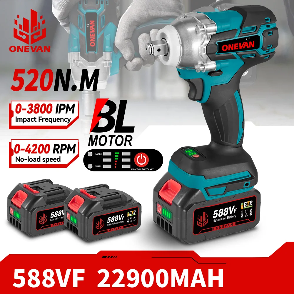 ONEVAN 520N.M Brushless Electric Wrench 1/2" Socket Cordless Wrench Screwdriver Car Repair Power Tool for 21V 18V Battery