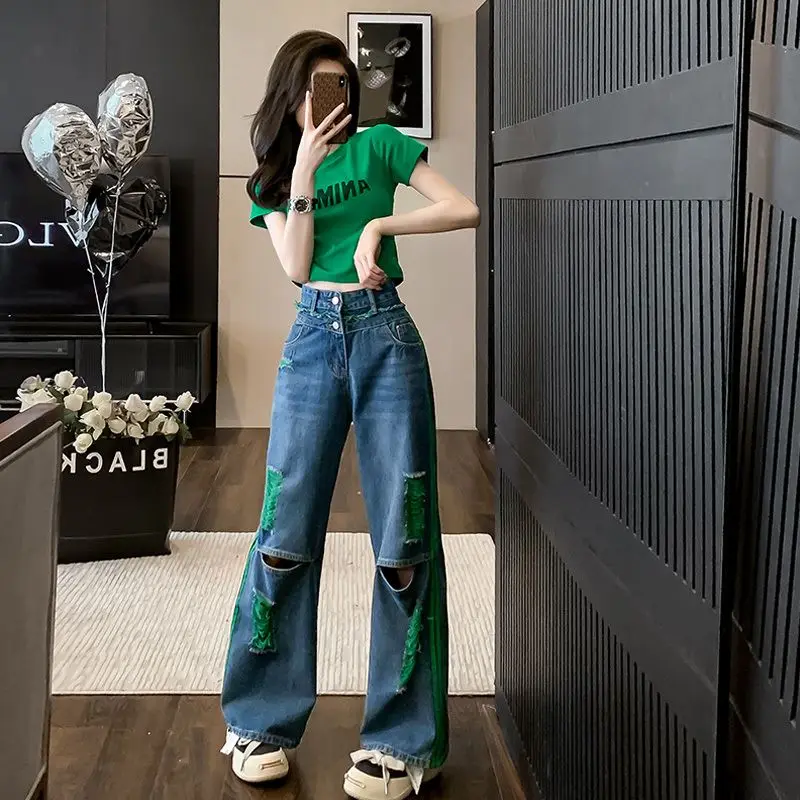 

Women's Summer Fashion Green Letter Slim T-Shirts Hole Denim Pants Two Piece Sets Lady Short Tops Jeans Outfits 2025 Clothing