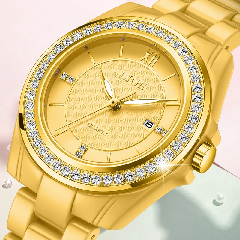LIGE Women Watches Fashion Simple Golden Full Ceramic Ladies Watch Waterproof Quarzt Wristwatch Diamond Watch Girlfriend Gift