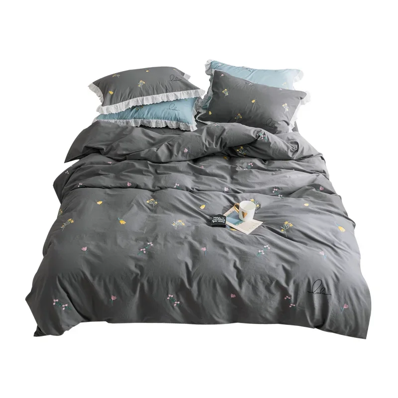 Simple cotton washed cotton four-piece set, small fresh embroidery white cotton quilt cover sheets