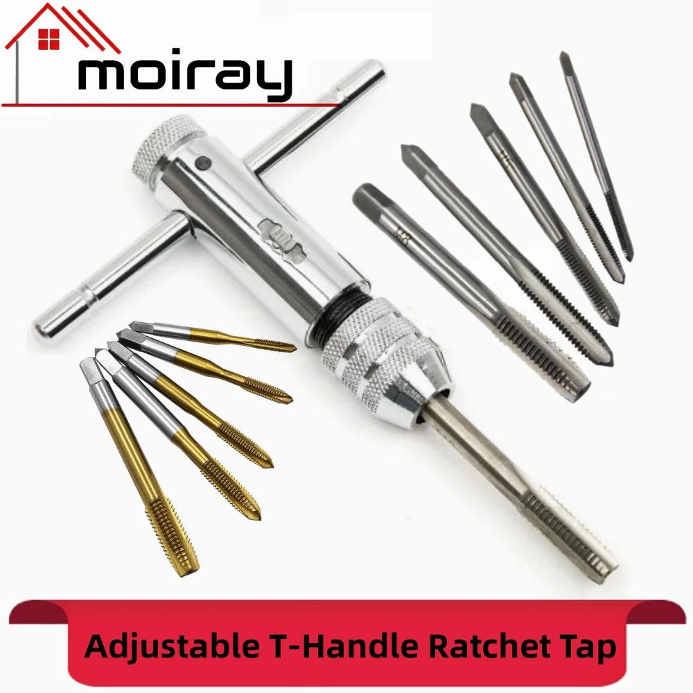 Adjustable Silver T-Handle Ratchet Tap Holder Wrench with 5pcs M3-M8 3mm-8mm Machine Screw Thread Metric Plug T-shaped Tap