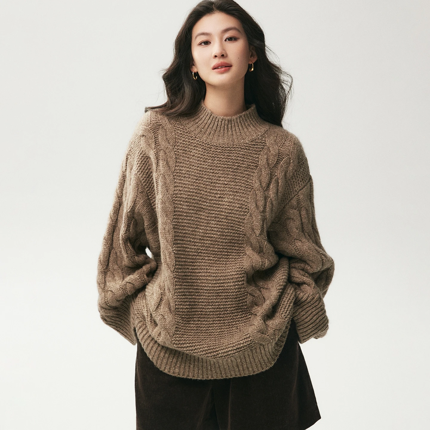 ADDONEE Women's Pullover 100% Cashmere Knitwear Half High Collar Long Sleeve Twist Flower Autumn Winter Sweater European Clothes