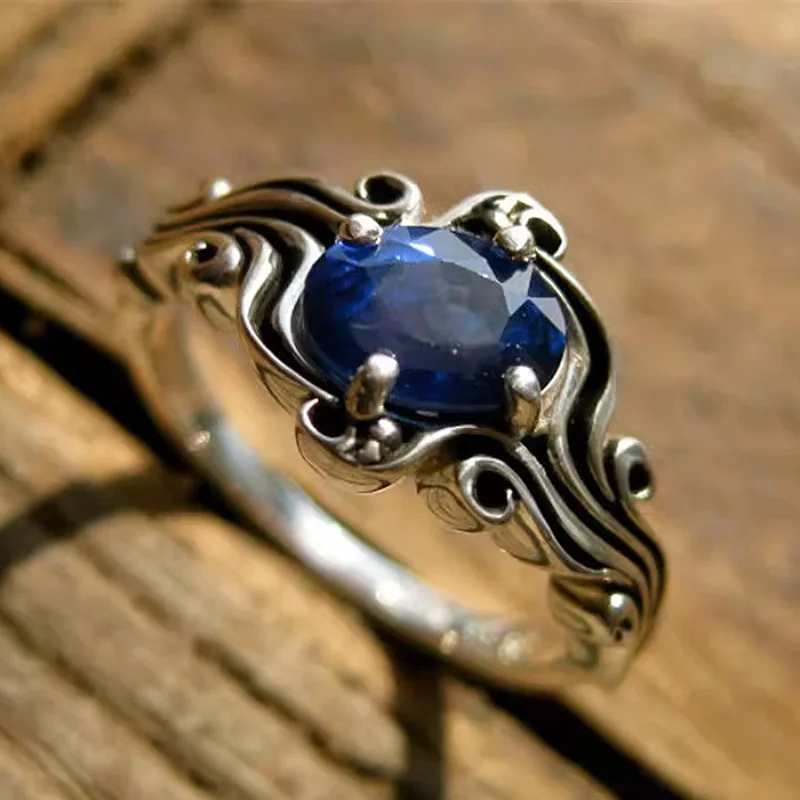 Huitan Damenringe mit eingelegtem blauem CZ, silberfarben, Vintage-Wellen-Design für Party, Urlaub, Alltag, vielseitig, zarte Accessoires, Schmuck
