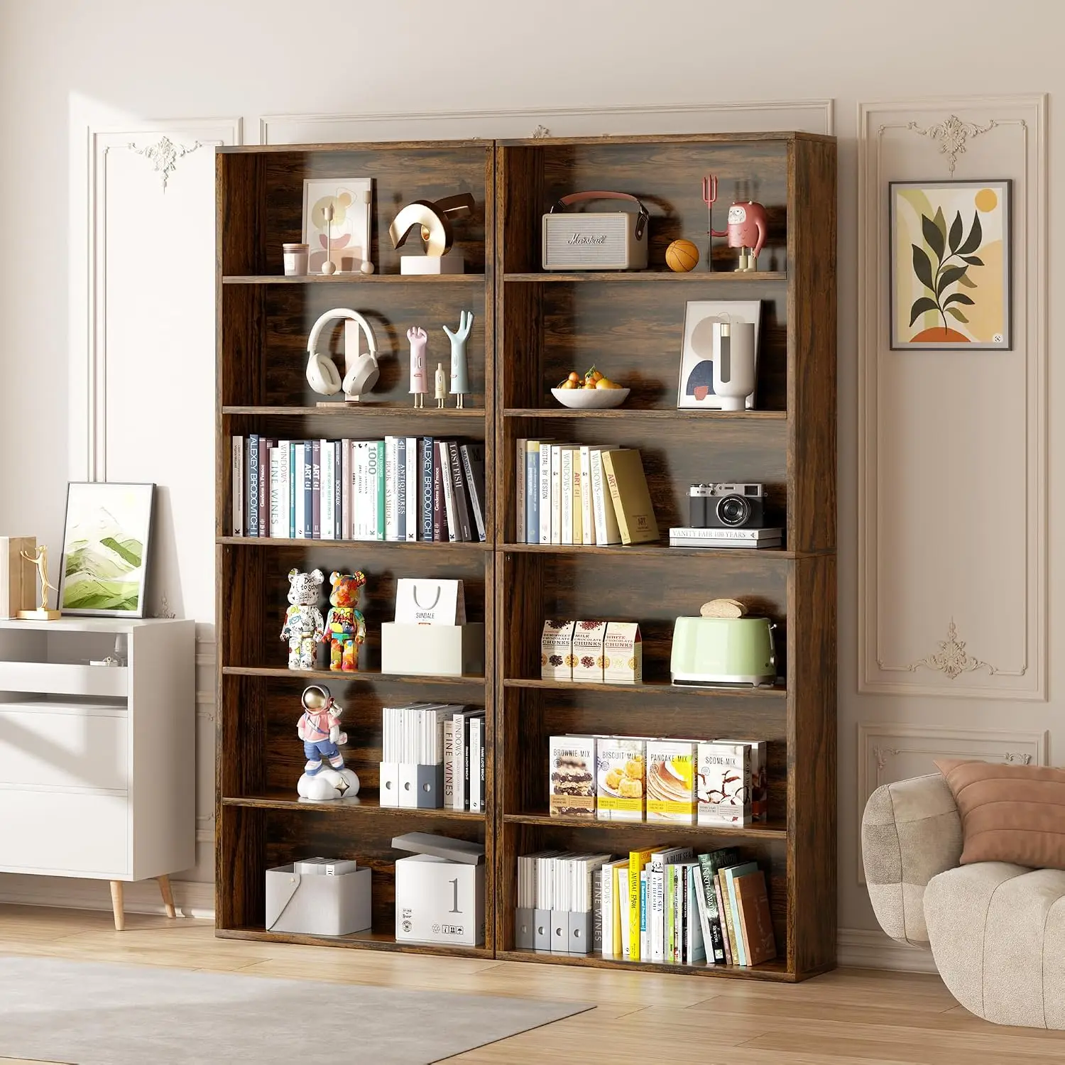 6-Tier Open Bookcase Wood Display Storage Shelves 71 Inch Tall Floor Standing Home Office Living Room Furniture, Customized