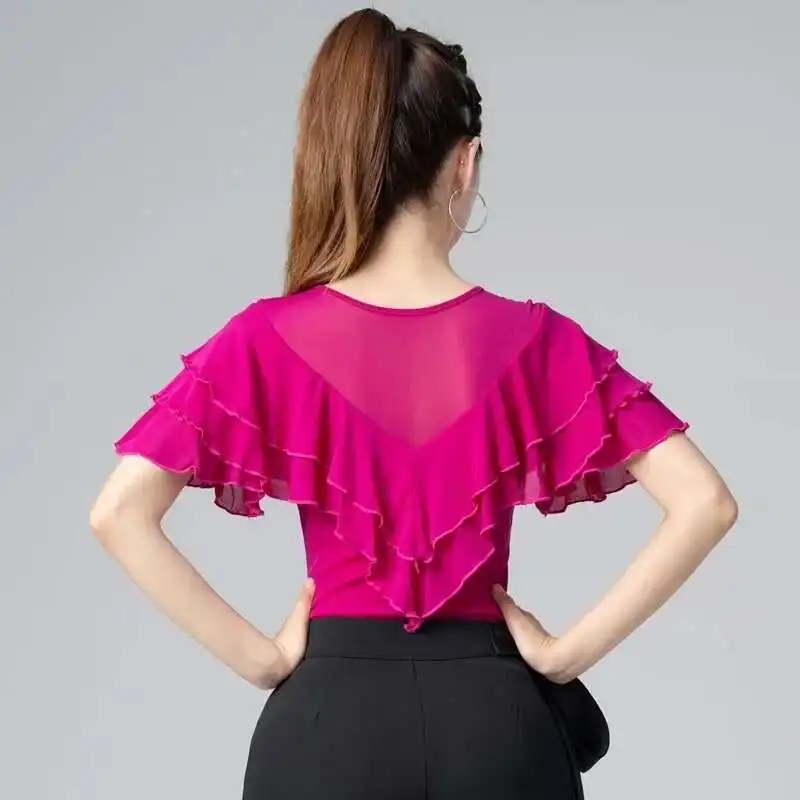 Verão novo flounce avançado camisa de dança latina feminina manga alargada topos de dança moderna competição trajes desempenho