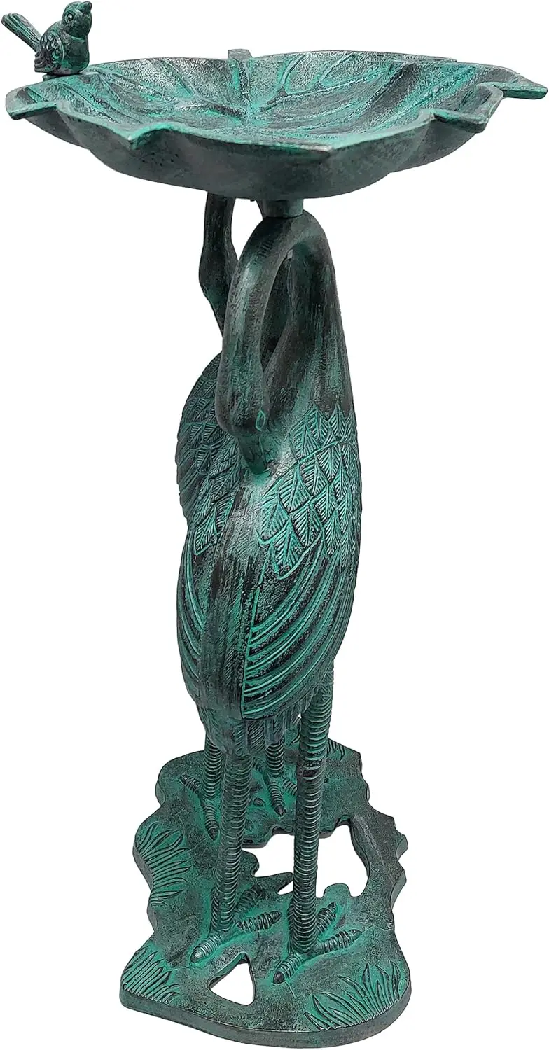 حمام طيور من الألومنيوم المصبوب مقاس 30 بوصة مع وعاء أوراق شجر، لمسة نهائية من باتينا سوداء، ديكور خارجي مقاوم للطقس