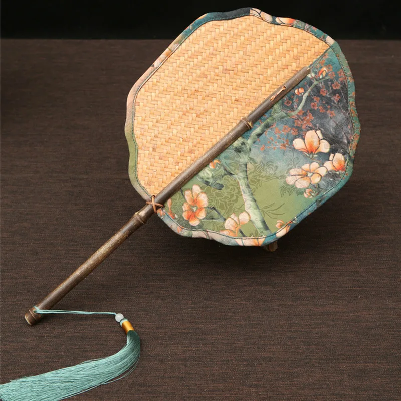 Handmade retro bamboo woven fringed satin printed purple bamboo handle begonia fan creative ruyi folding fan