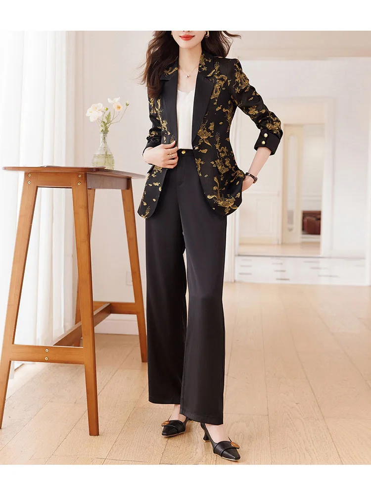 Tesco Autumn Women's Animal And Letter Print Blazer Pants Suit Black Formal Jacket Wide Leg Long Pants For Office Lady