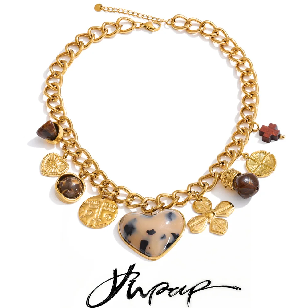 Yhpup Stainless Steel Resin Wood Heart Flower Drop Necklace 2026 New Arrivals Handmade Statement Charm Jewelry Waterproof