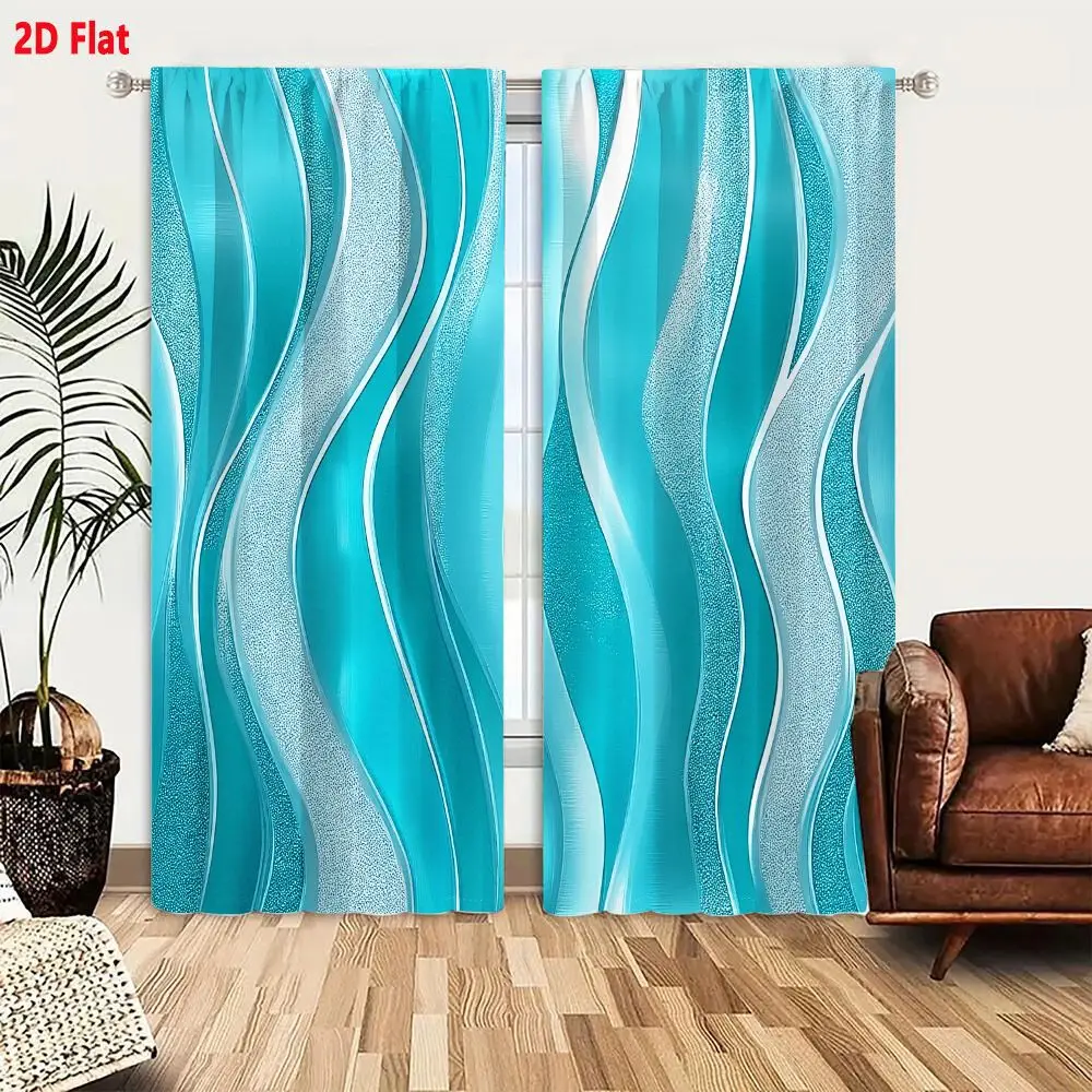 2Pcs Curtains 2D Flat Abstract Wavy Turquoise And Light Blue Pattern With Glossy And Glittery Textures Window Drapes for Bedroom