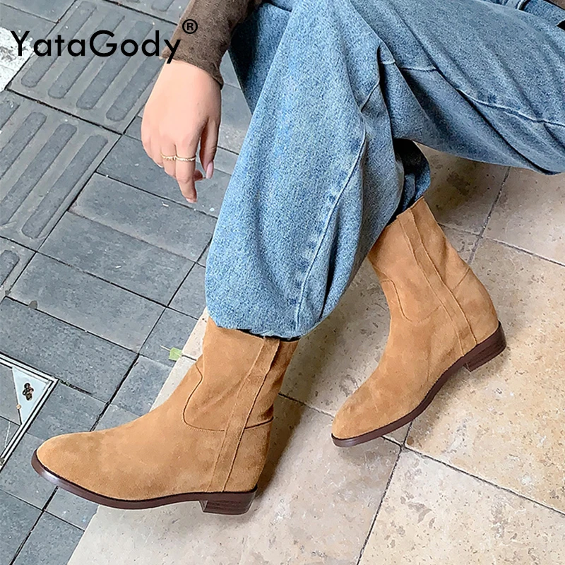 

YATAGODY Size 34-39 Wide Calf Western Boots For Women Ankle Boots Thick Low Heels Shoes Fall Winter Casual Daily Short Booties