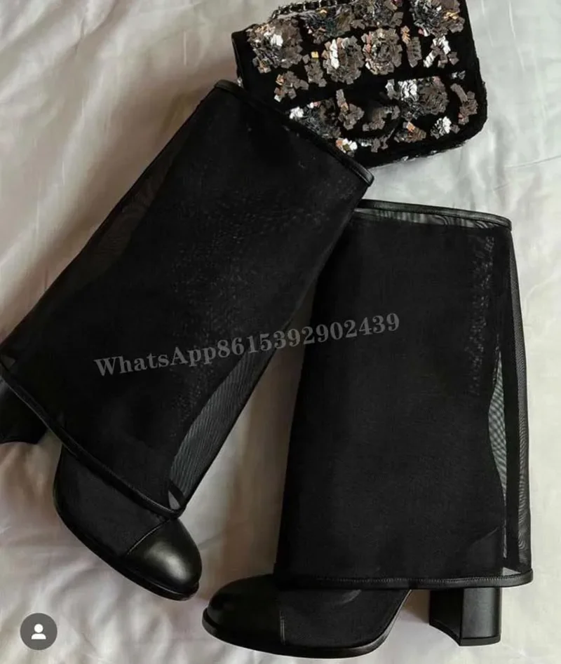 

Mesh Flip Up Sleeve Boots Thick Women Hollow Heel Black Loose Knee Booties Round Mary Jane Elegant Shoes Slip On Sexy Casual New