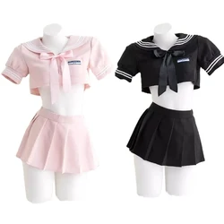 Japanese Anime School Girl Cosplay Student Sailor JK Uniform Skirt Sets Sweet Short Sleeve Crop Tops Navy Lingerie Set Dropship