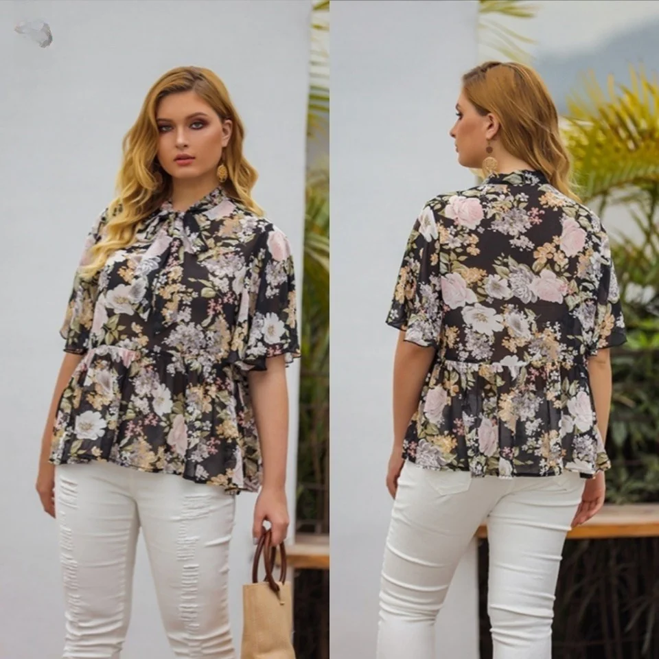 

Летние блузки с цветочным принтом, шифоновые топы для больших размеров, женские круглые блузки с узлом Ne ort Sve, свободный крой, смесь хлопка