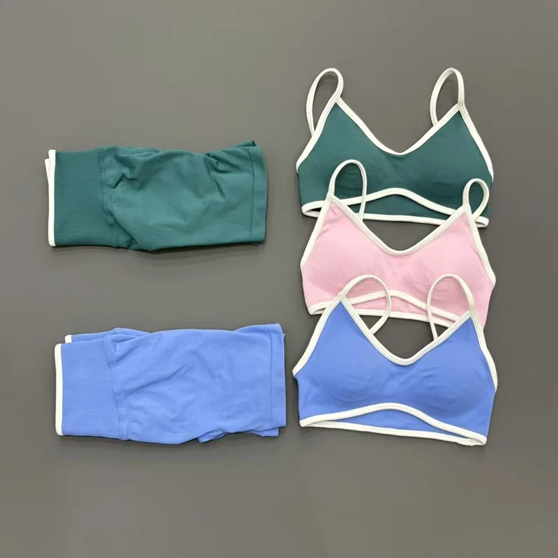 2 Piece Sports Set Women Contrast Trim Seamless Yoga Bra High Waist Tummy Control Short Breathable Gym Workout Fitness Outfit