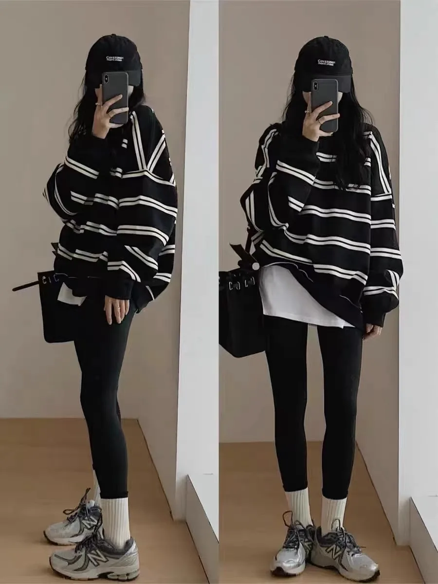Felpa a righe retrò da donna girocollo oversize classico americano vestibilità ampia manica lunga casual top di media lunghezza pigro