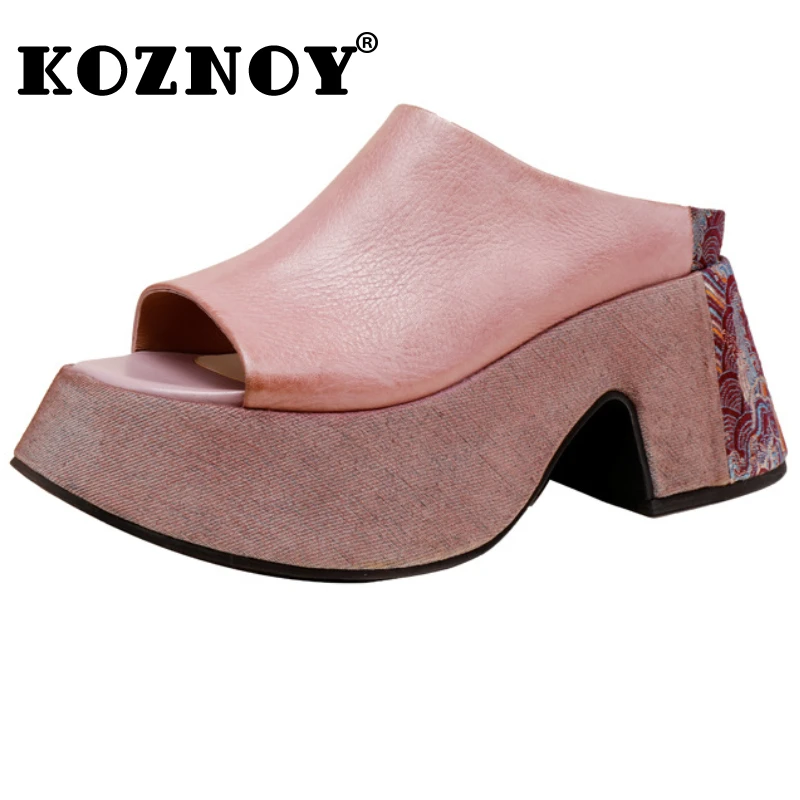 

Koznoy 8cm Women Peep Toe Cow Genuine Leather Slipper ROME Platform Wedge High Heels Moccasins Embroider Mary Jane Summer Shoes