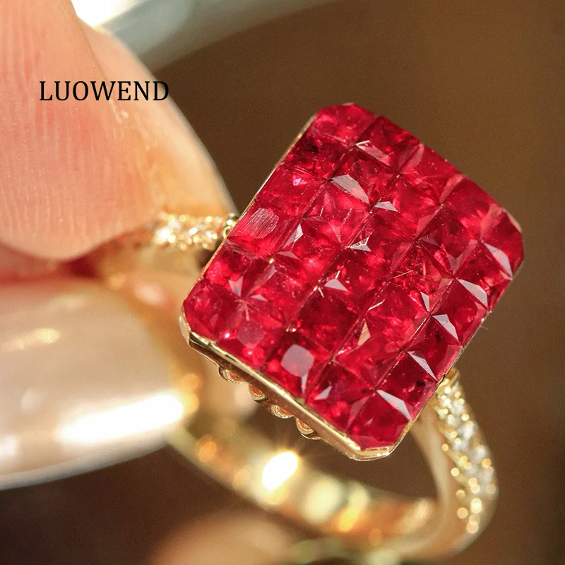 LUOWEND 100% 18K Yellow Gold Rings Luxury Shiny Design Shiny Diamond Natural Ruby Gemstone Ring for Women High Party Jewelry