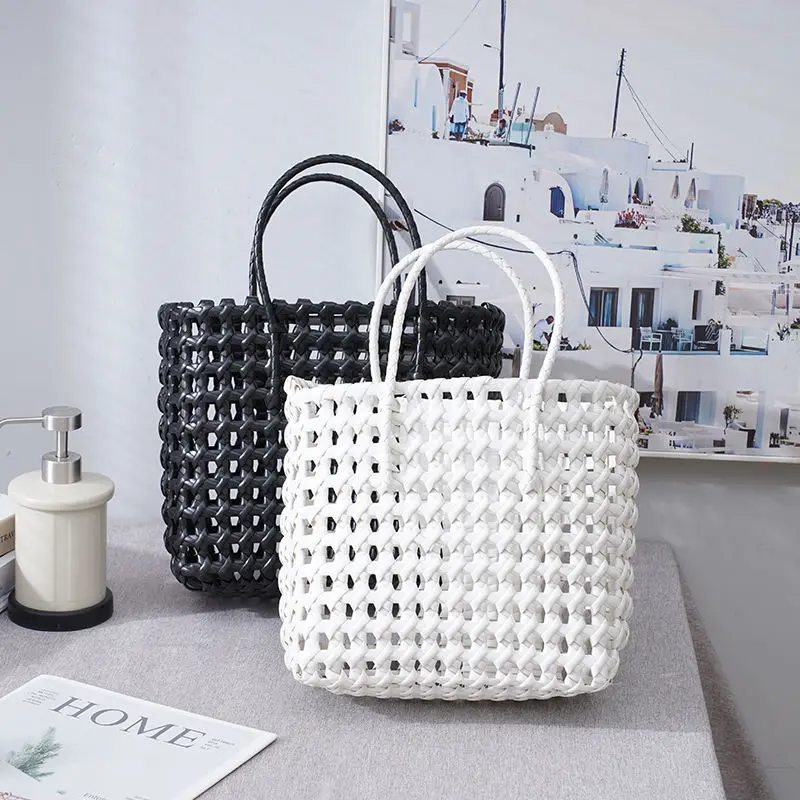 

Ins Handheld Woven Women's Bag Vegetable Basket Straw Leisure Picnic Vacation Beach Hollowing Hand Basket