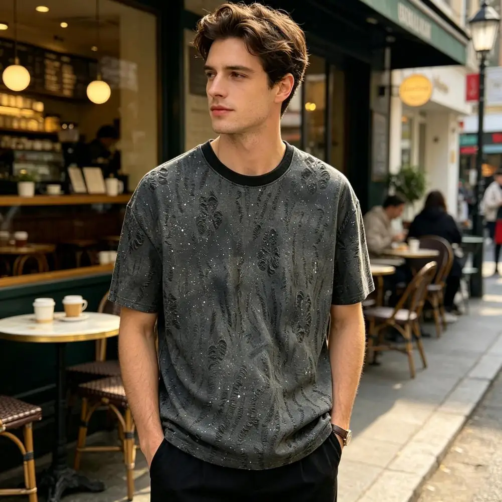 Men Stylish Shabby T-Shirt Stylish Top Loose Fit Casual Tee Sparkling Embellishment Summer Tee Shirt for Party Holiday