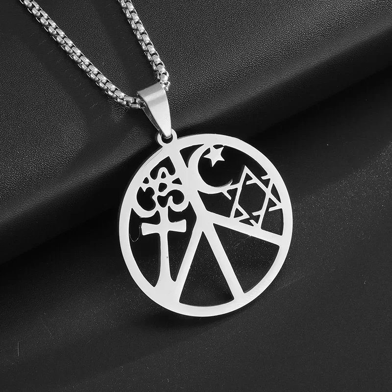 Stainless Steel Star and Moon Cross Hollow Geometric Pattern Stainless Steel Pendant Necklace Men and Women Personalized Jewelry