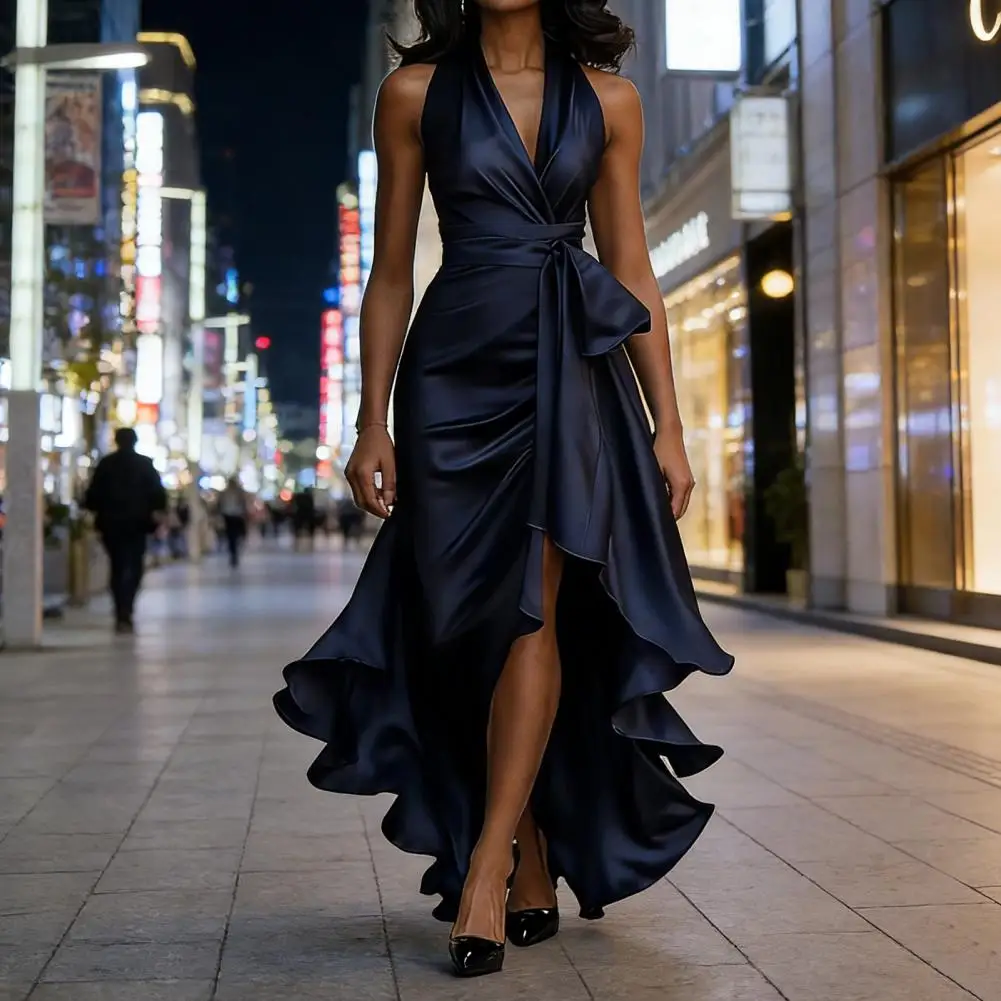 サテンフリルミディドレス レディースドレス ワイドヘムドレス レディースVネックハイロープロムガウン ホルタータイウエストカクテルパーティーウェディング