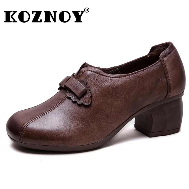 

Koznoy 5cm Cow Natural Genuine Leather Round Toe Comfy Chunky Heel Women Women Fashion Mid Heels Pumps Retro Slip On