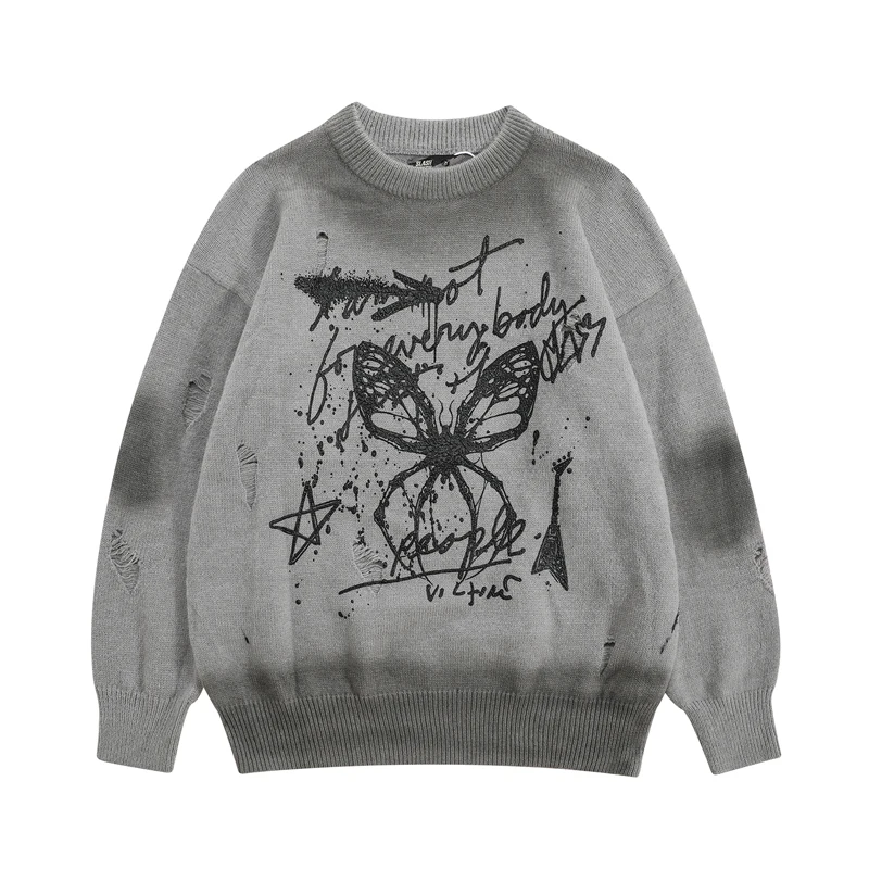Stain Hole Damaged Butterfly Graffiti Print Distressed Knitt Sweater Men Women Harajuku Y2k Streetwear Hip Hop Wash Casual Tops