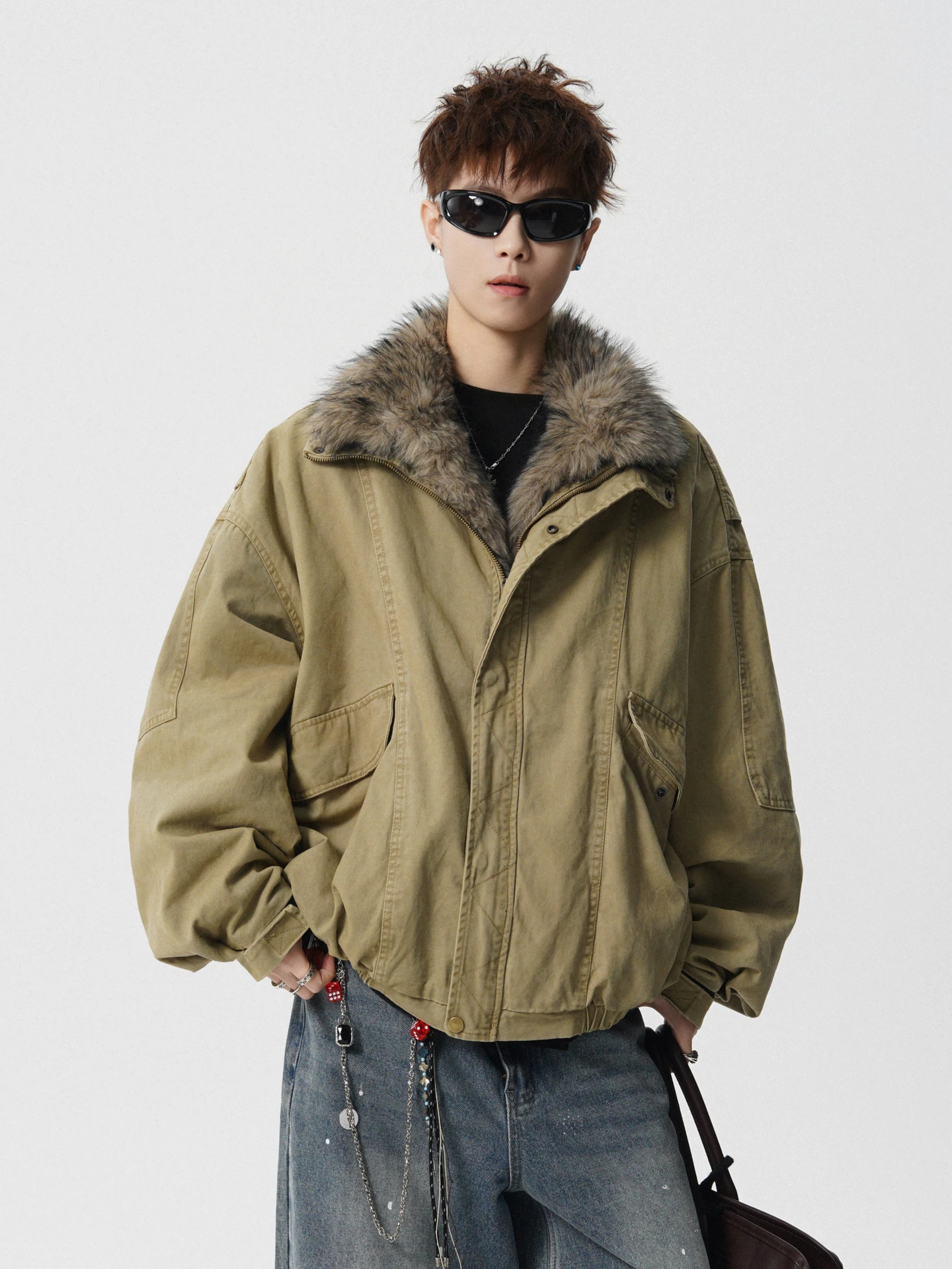 

Мужская хлопковая рабочая куртка с теплым съемным меховым воротником, свободного кроя, в американском стиле, молодежная, повседневная, с длинными рукавами, на молнии