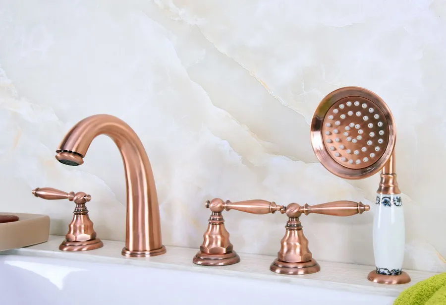 

Antique Red Copper Brass Three Levers Handles Deck Mounted 5 Holes Bathroom Tub Faucet Mixer Tap With Handshower mtf236