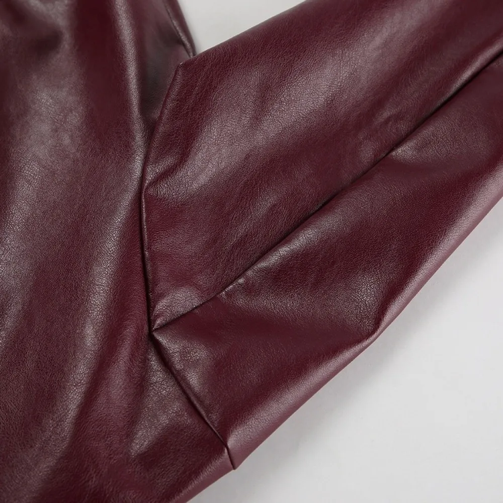 Vintage PU Leather Jacket Matte Shell Wine Red Motorcycle Coat Zip Closure Stand Collar Women Fall Wear Daily Outing