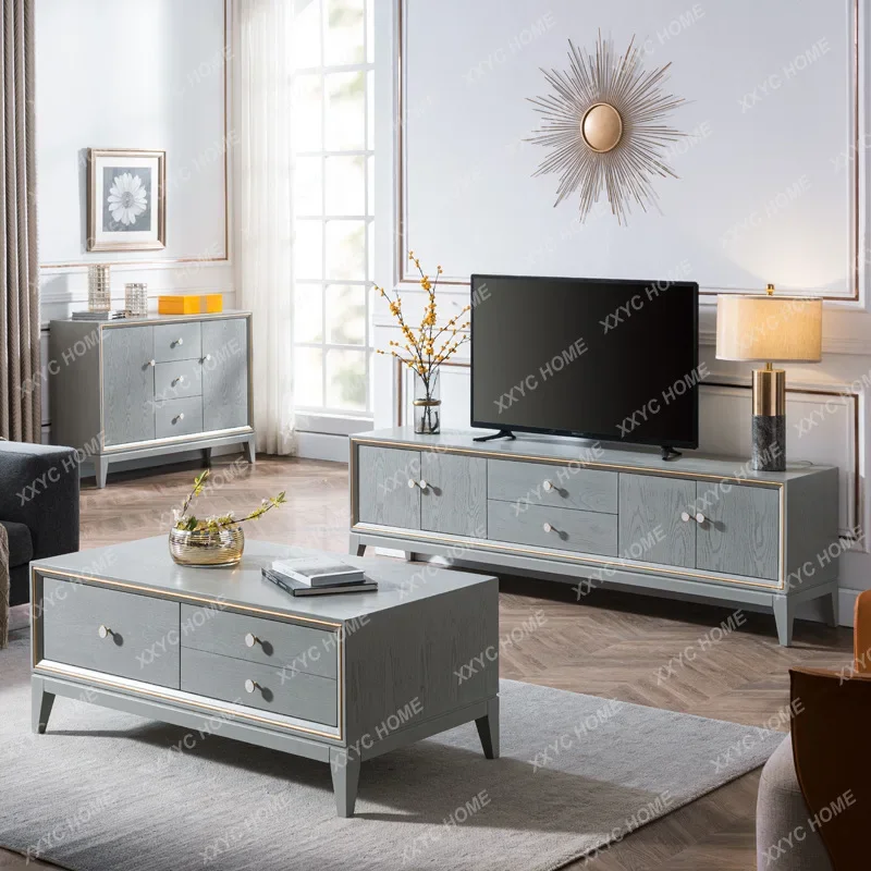 solid wood living room coffee table TV cabinet combination, modern simple small apartment, high-grade gray floor