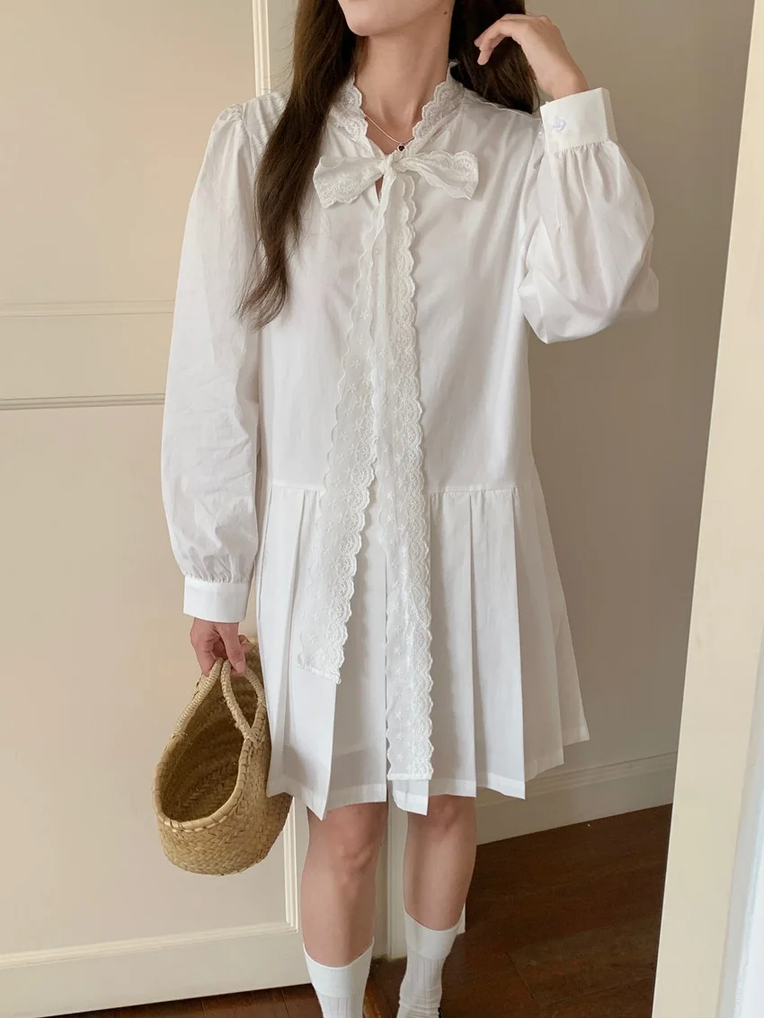 

Alien Kitty Gentle Sweet Dress Women Bow Slim Spring Pleated Office Lady 2025 High Street Fashion Loose All Match Full Sleeve