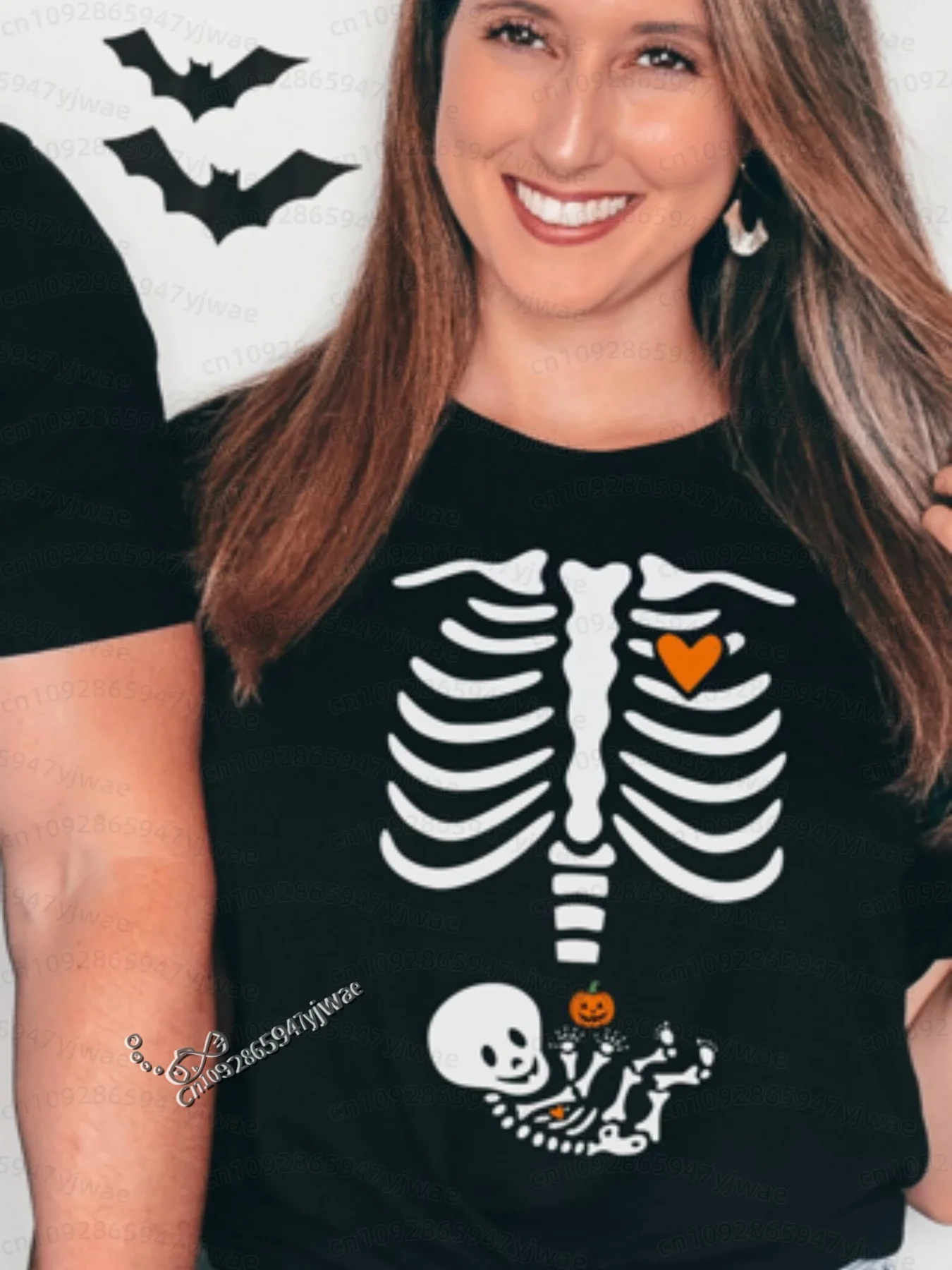 2026 Herren Halloween Skelett Schwangerschafts-Baby Halloween T-Shirt Totenkopf-Knochen-Druck Kurzarm Damen Herren Halloween Paar T-Shirt – Detail 11