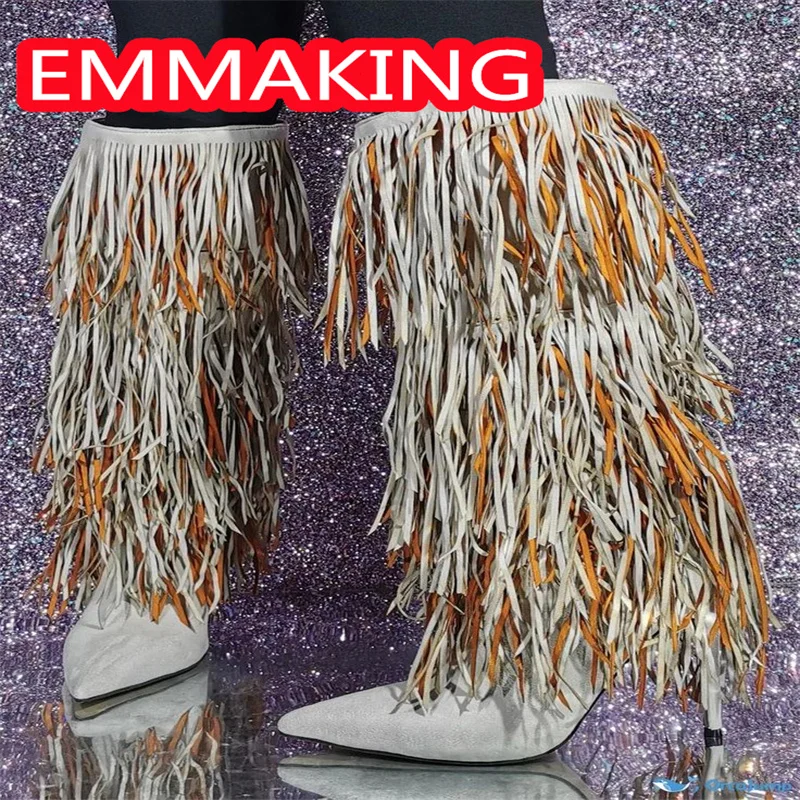 Mixed Color Fringe Women Pointed Toe Mid Calf Boots 2024 New Dancing Runway Sexy Thin Heeled Winter Ladies High Heels Shoes 44