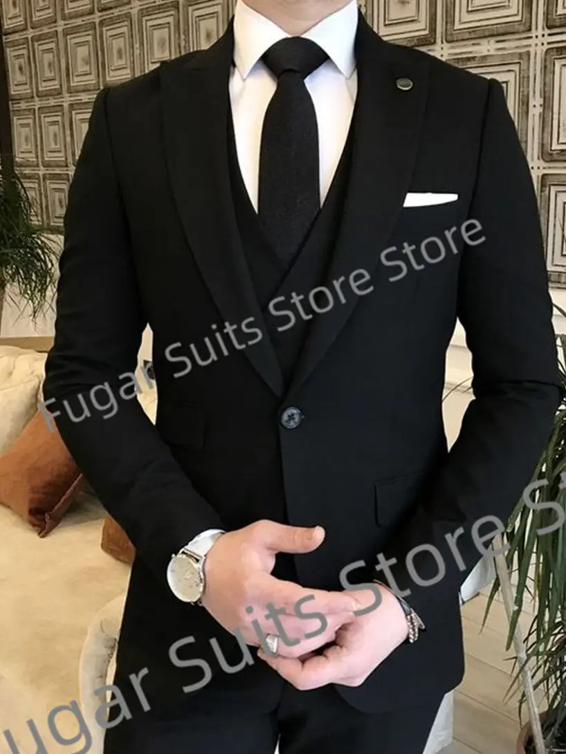 

Elegant Black Wedding Men Suits Slim Fit Peak Lapel Groom Formal Tuxedos 3 Pieces Sets Classic Fashion Male Blazer Costume Homme