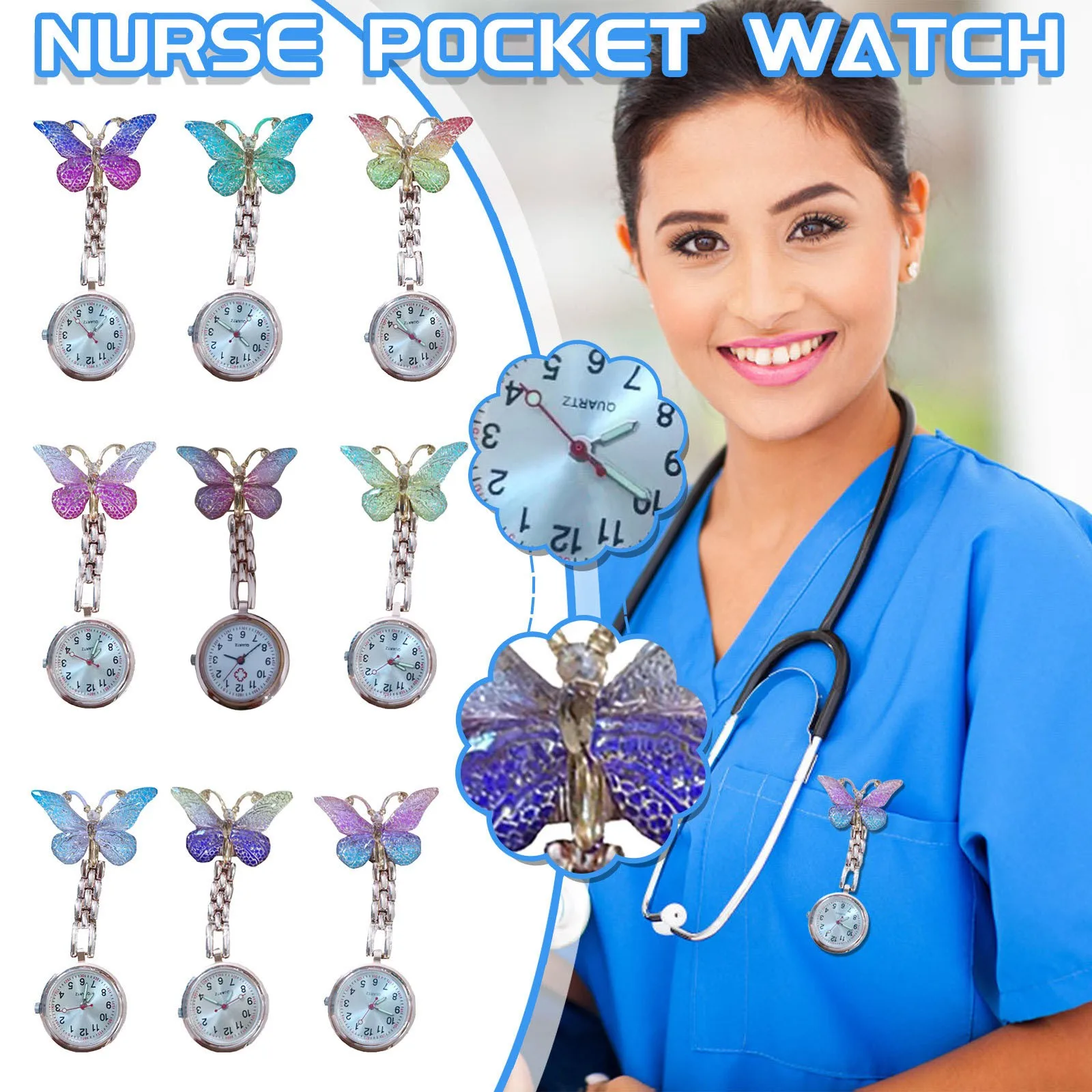 Women Pocket Watch Creative Fashion Nurse Clip-On Pocket Watch Cartoon Fashion Butterfly Chain Pocket Quartz Watch Reloj