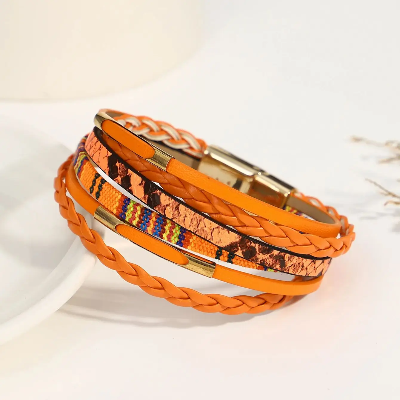 Amorcome Multilayer Braided Wrap Bracelet for Women Men Charm Orange Color Leather Bracelets & Bangles Female Jewelry Gifts