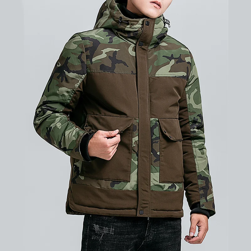 Inverno parka homens camuflagem engrossar algodão acolchoado casaco à prova de frio quente militar parkas marca casual ao ar livre jaqueta com capuz masculino