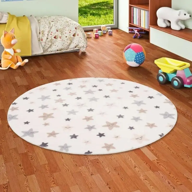 

Round Hairy Nursery Play Mats For Children,White Fluffy Carpet For Living Room,Star Plush Bedroom Beside Rug,Soft Kids Rug