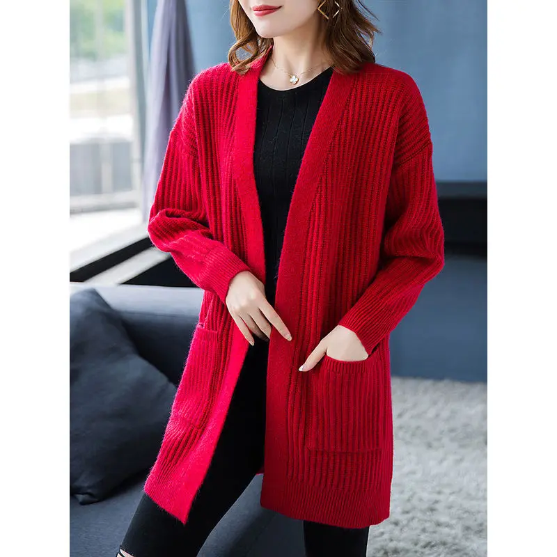 Cardigan da donna oversize allentato scialle di media lunghezza autunno inverno nuova giacca maglione stile pigro cappotto in maglia madre di mezza