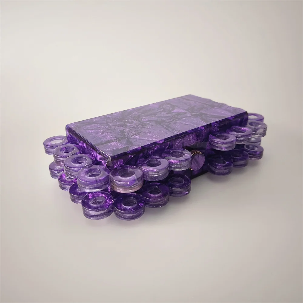 Dark Deep Purple Fabric Acrylic Box Clutch Bags O Ring Evening Purse Small Minaudiere Handbag Wedding Bag Wallet Female Flap