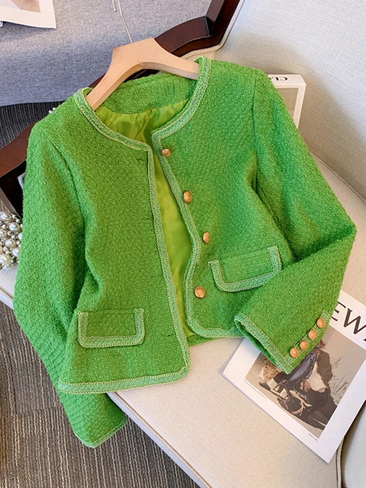 High Quality Fashion Small Fragrance Tweed Jacket Coat Women Korean Elegant Green Coats New Autumn French Vintage Outerwear Top