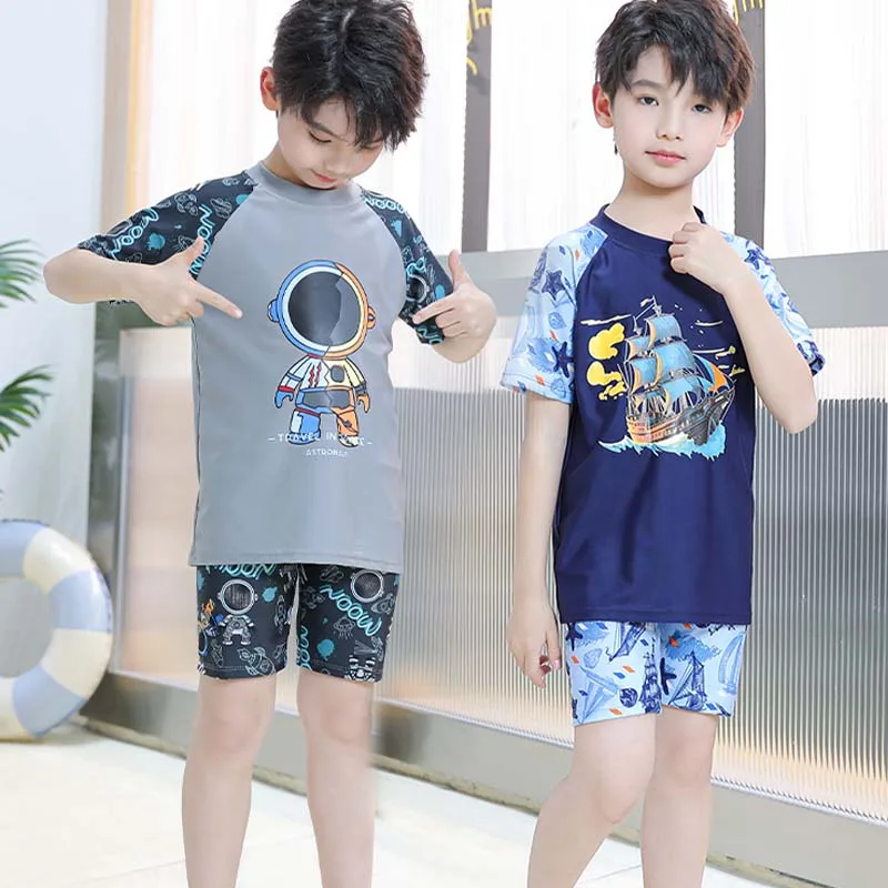 Boys Swimsuit New Style Handsome Print Surfing Swimming Beachwear   Short and  Trunks  2 Sets Children Fitness Swimsuit