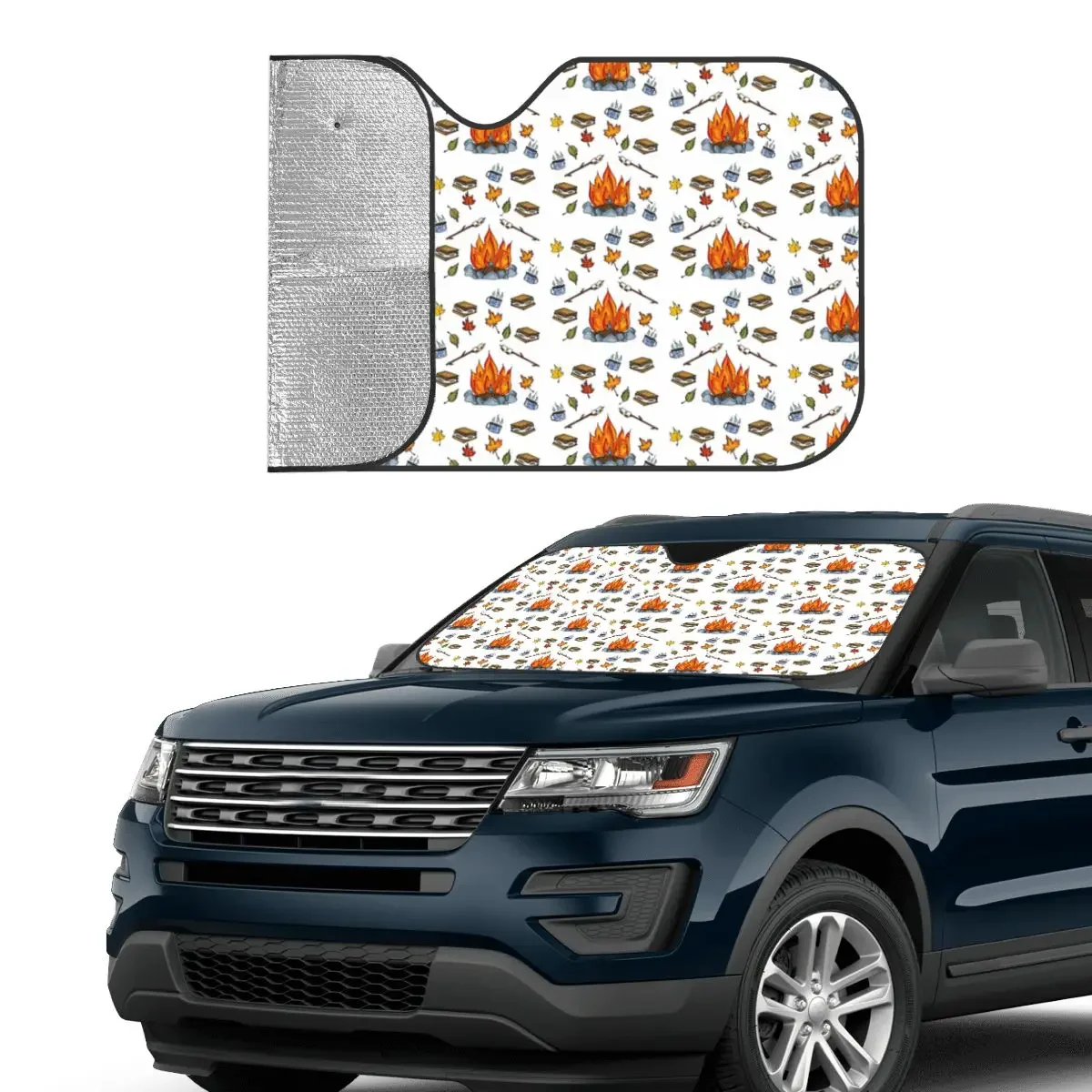 Happy Camper Cartoon Sunshade Windscreen Collage Universal Car Front Windshield 70x130cm Sun Visor Car-covers